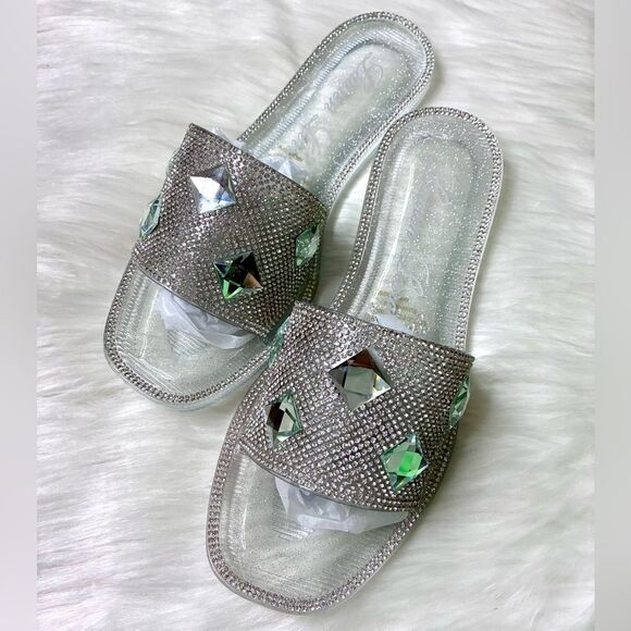 NIB Lauren Lorraine Bianca Clear Embellished Sparkle Slide Sandals - Picture 4 of 8